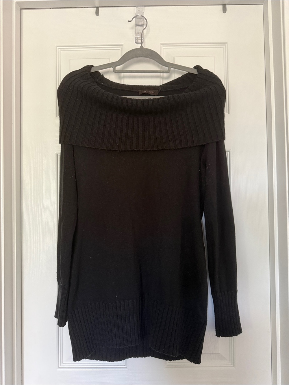 The Limited Black Off-the-Shoulder Ribbed Foldover Sweater